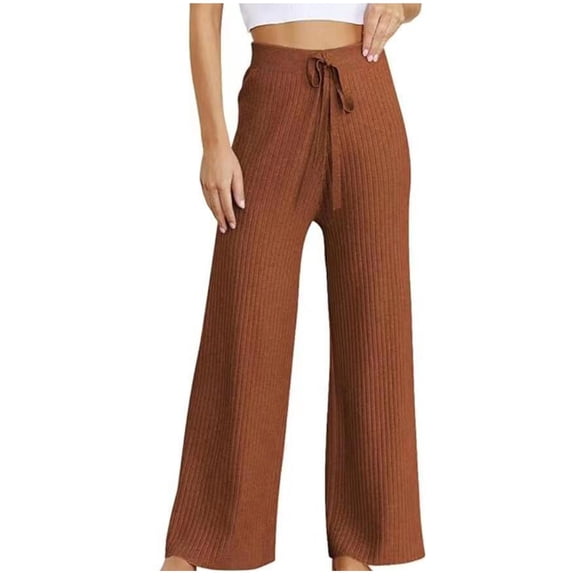 qolati Women Ribbed Knit Wide Leg Pants Casual High Waist Stretchy Palazzo Lounge Trousers Fall Winter Drawstrings Business Work Cargo Pants