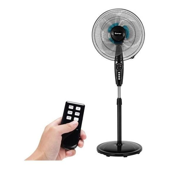 Pemberly Row 16'' Plastic and Iron Adjustable Oscillating Pedestal Fan in Black