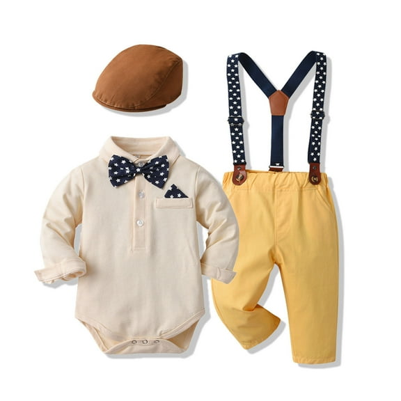 CUZIBR Boys Gentleman Suit Formal Wedding Sets Button Down Bowtie Long Sleeve Dress Shirt Tops And Suspenders Pants With Hat For Child Kids Comfortable Outfits,Beige,18-24 Months