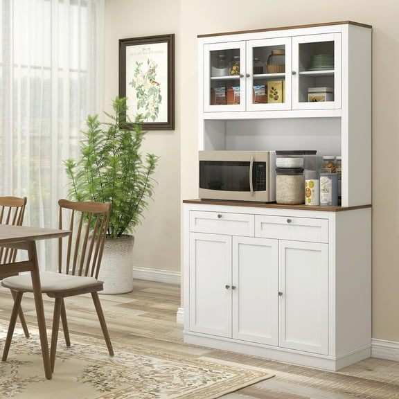 HOMCOM 71" Tall Kitchen Pantry Storage Cabinet with 2 Drawers, Microwave Cabinet with Adjustable Shelves and Glass Doors, White