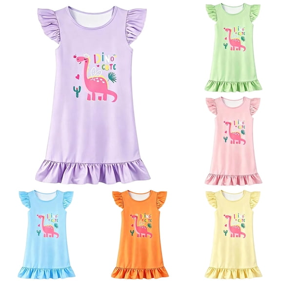 Gunia Toddler Girl Nightgown Princess Pajama Dress Playful Nightdress Cute Dinosaur Print Flutter Sleeves Cozy Cute Night Gowns Pjs Loungewear Light Purple 4-5 Years