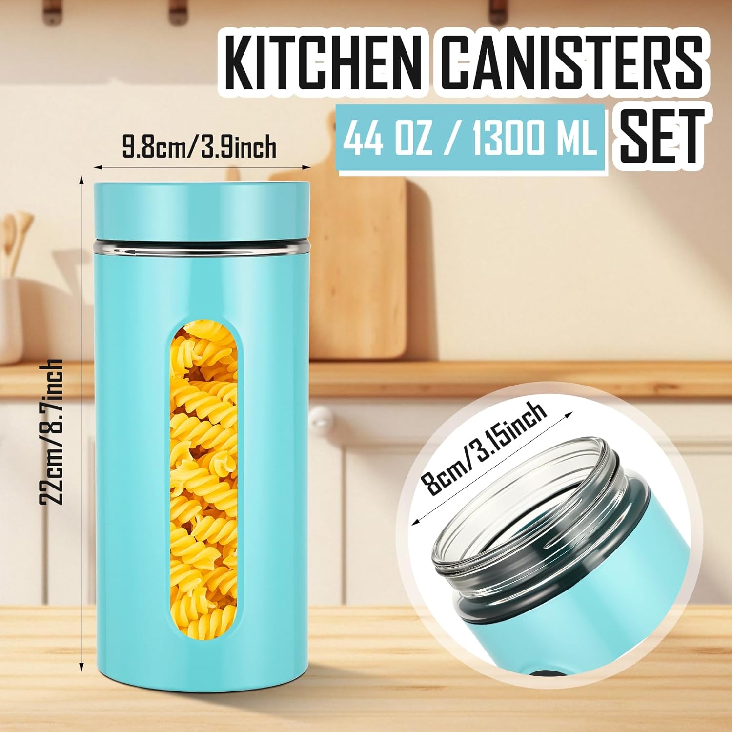 6 Pack Kitchen Canisters Set Airtight Stainless Steel Canister Food Storage Container with Window Glass, Coffee Sugar Candy Jars Tea Organizer for Flour Cookies Spice(Turquoise,44 oz)