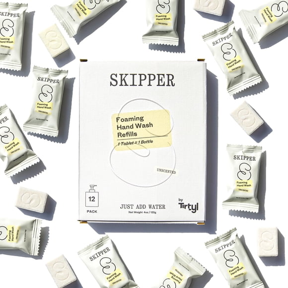 Recambios para tabletas de jabón de manos espumoso Tirtyl Skipper - Paquete de 12 - 96 fl oz en total (12 x 8 fl oz) - Renombrado - Embalaje compostable - Sin perfume