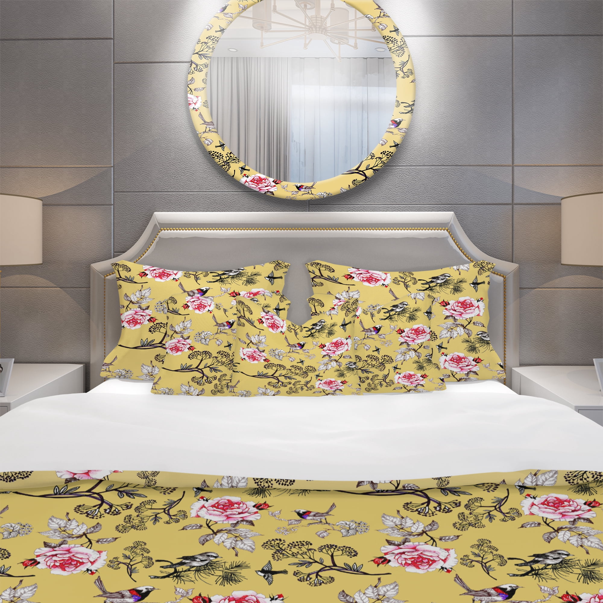 Designart 'Birds and Pink Roses Floral Pattern' Modern & Contemporary Duvet Cover Set