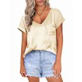 thumbnail image 1 of Estrela Camiseta de satén con cuello en V para mujer con bolsillo de manga corta cómoda y moderna camiseta informal para mujer Top Beige S, 1 of 6