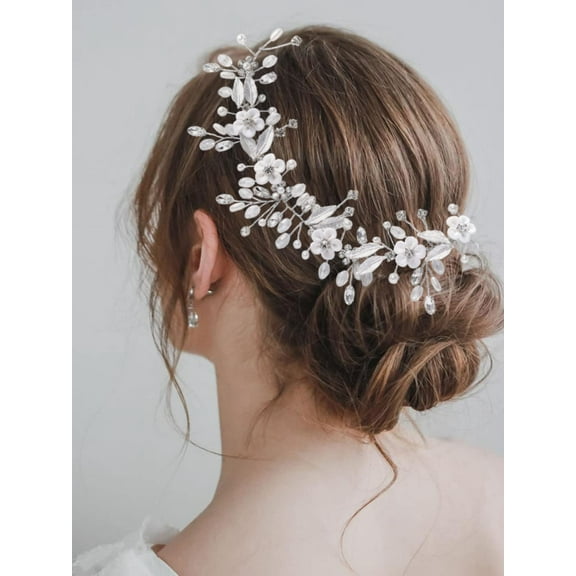 Flower Bride Wedding Hair Vine Headband Leaf Headpiece Rhinestone Bridal Headdress Hair Accessories for Women and Girs (B Silver)