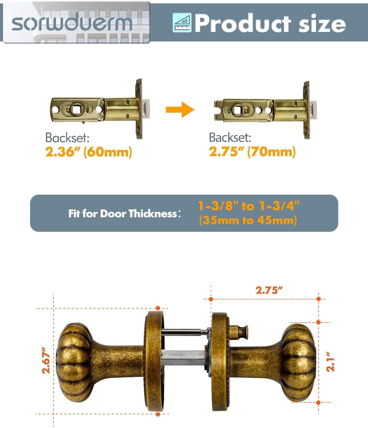 Antique Brass Door Knobs Interior Privacy Door Knob with Lock for Bedroom and Bathroom,Zinc Alloy 1 Pack