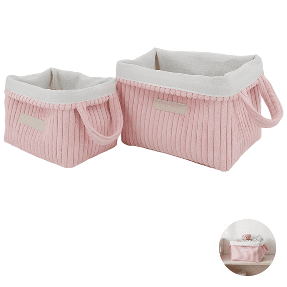 2 Pcs Pink Storage Baskets Set, Foldable Corduroy Basket with Handle, Versatile Countertop Tabletop Shelf Baskets, Cute Closet Organizers for Nursery, Bedroom, Living Room