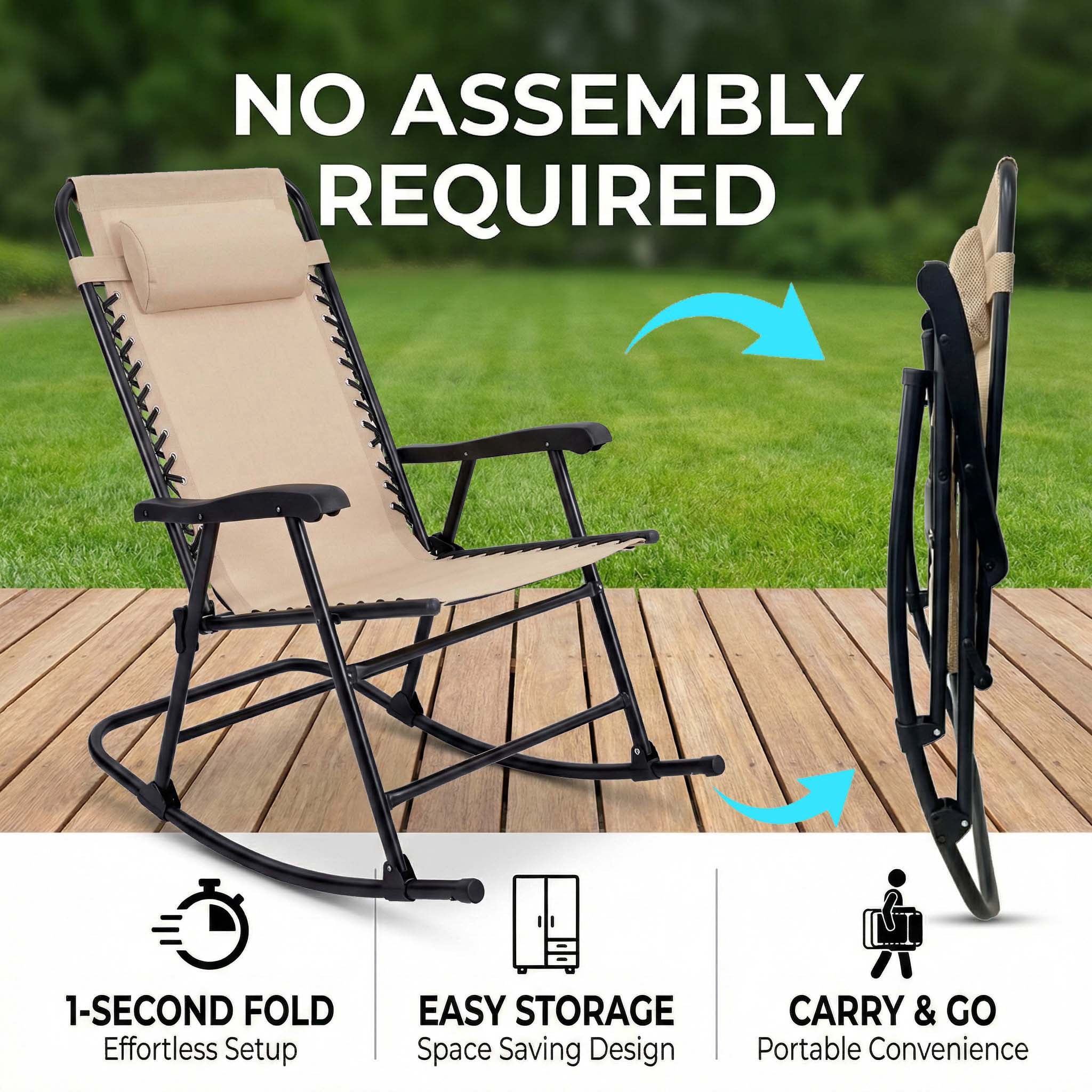 Leumius Set of 2 Outdoor Rocking Chairs, All-Weather Patio Rockers with High Back,Folding Leisure Rocking Chair for Lawn,Porch,khaki