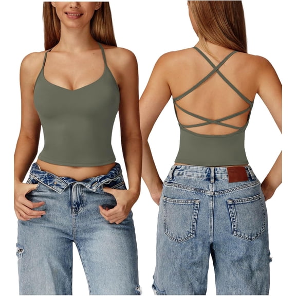 PISONIC Women Tank Tops Longline Sports Bras Criss Cross Back Padded Workout Tank Tops Gym Yoga Bra Top with Built in Bra