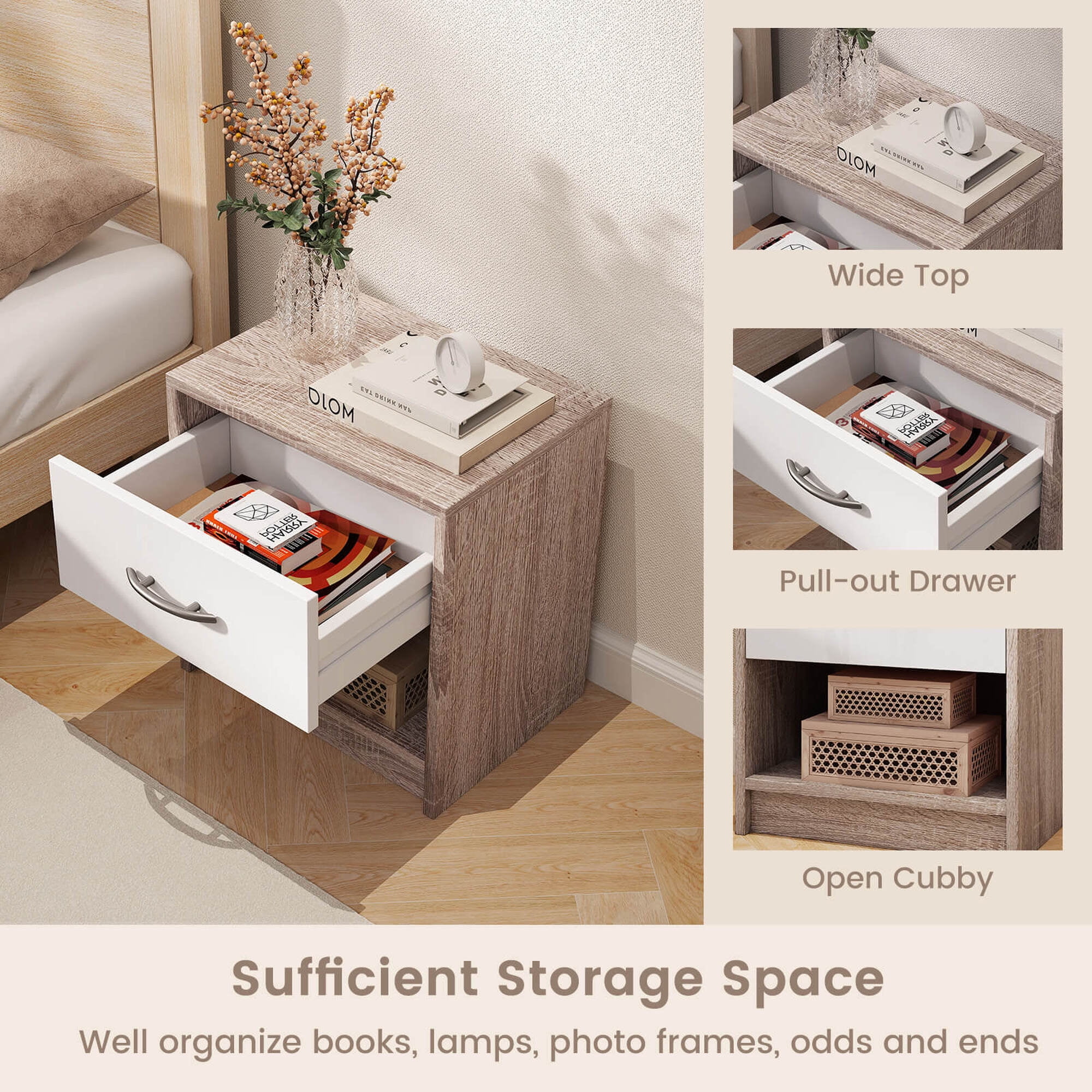 Costway Modern Nightstand Bedside Table with Drawer Open Storage Shelf for Small Spaces Light Gray