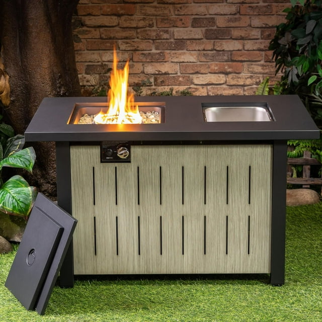 Deko Living 42 Inch Rectangular Outdoor Propane Gas Fire Pit Table 50,000 BTU Heater with Glass Bead Filler and Ice Bucket