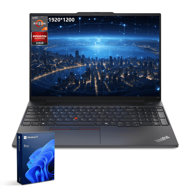 lenovo laptop empresarial thinkpad e16 pro de 16" con pantalla full hd+, procesador amd ryzen 7 7735u, 32 gb de ram ddr5 y ssd de 1 tb. Vista frontal 3/4 del portátil negro abierto con pantalla 16" FHD+ 16:10, teclado retroiluminado con TrackPoint rojo, touchpad amplio y lector de huellas visible; logo ThinkPad y caja de Windows 11 Pro en primer plano; diseñada para productividad empresarial y multitarea, y a menudo usada para presentaciones y trabajo remoto.