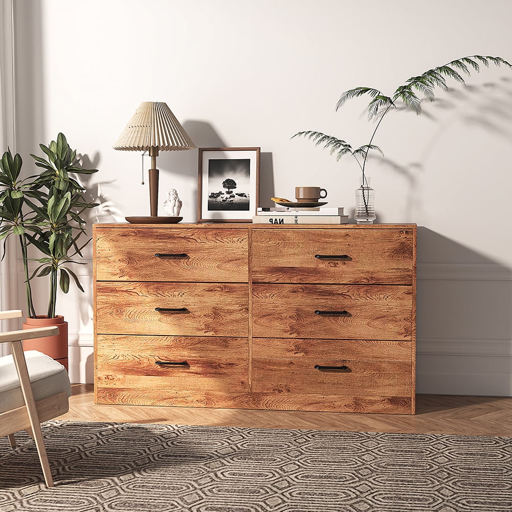 Kepooman Lightweight Storage Chest with 3+3 Wooden Shelves with Handles, 6 Drawer Dresser Double Chest of Drawers, Living Room Hallway Decorative Chest, Original Wooden Color Kepooman Lightweight Storage Chest with 3+3 Wooden Shelves with Handles, 6 Drawer Dresser Double Chest of Drawers, Living Room Hallway Decorative Chest, Original Wooden Color