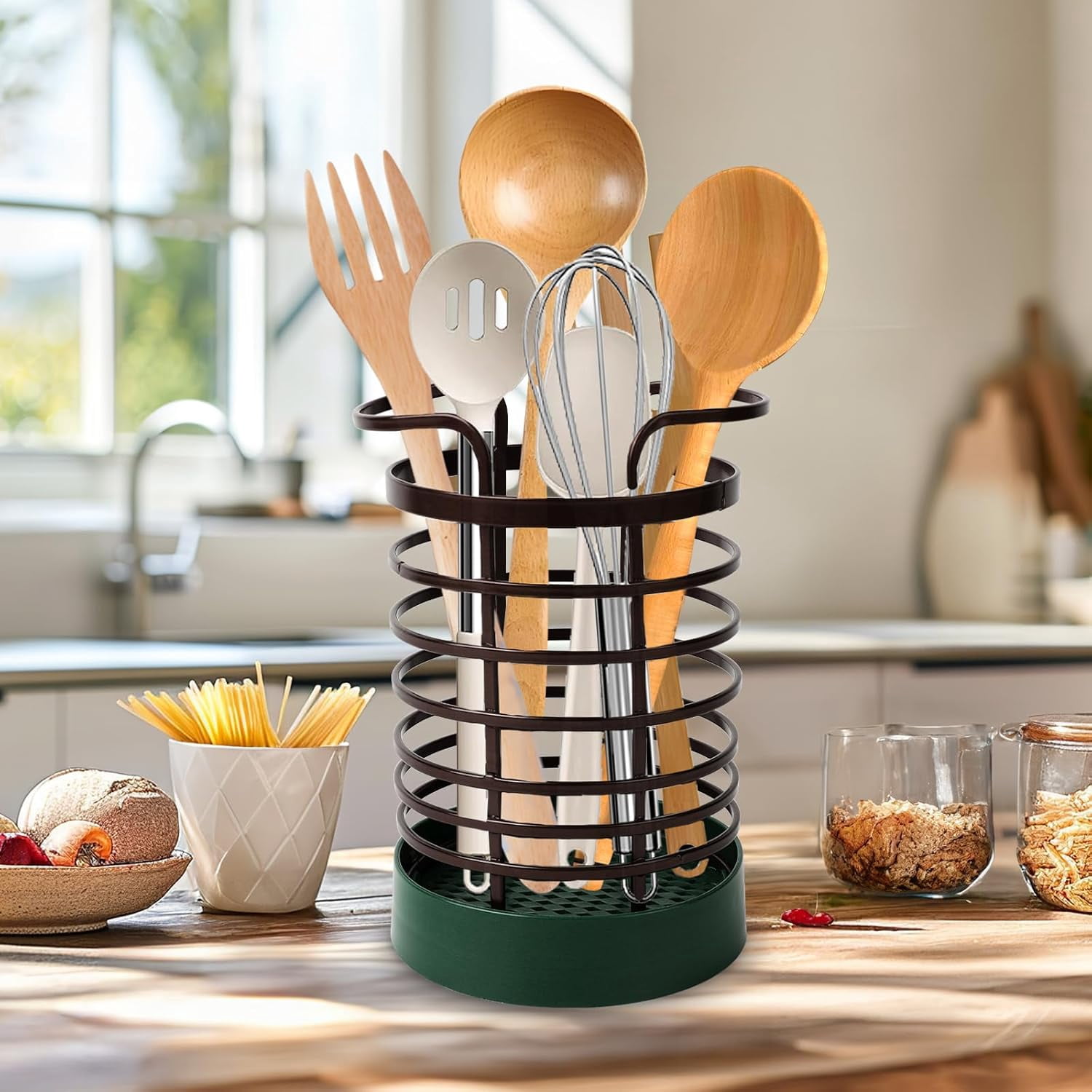 ABPETE Utensil Holder for Kitchen Counter,Modern Metal Utensil Holder with Green Stable Base,Large Cooking Utensil Crock Organizer for Spatula & Spoon,Farmhouse Kitchen Decor