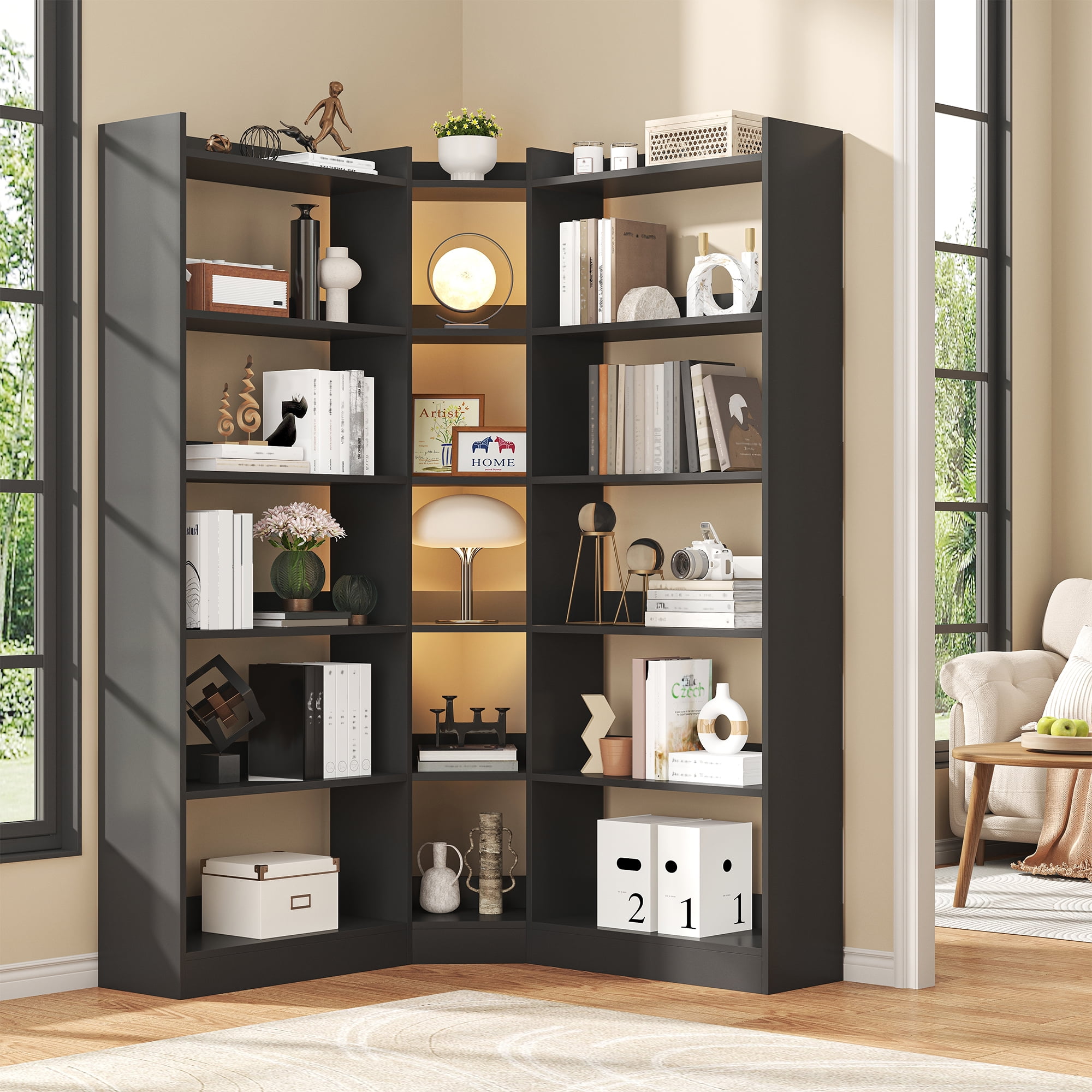 Triple Wide Corner Bookcase with 15 Cube, 6-Tire Bookshelf Display Storage Cabinet, Modern L-Shape Shelf Living Room Furniture for Home Office, Black