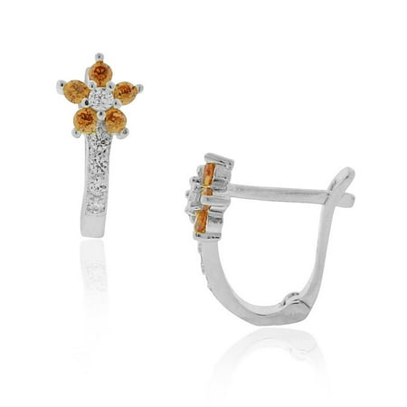 Sterling Floral Earrings - 925 Sterling Silver Clear Brown CZ Small Girls Hoop Huggie Flower Floral Earrings, 0.5