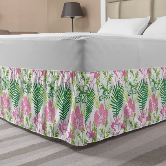 Leaves Bed Skirt, Illustration of Orchid Blossom Flowers Pinnation Motifs on Plain Backdrop, Elastic Bedskirt Dust Ruffle Wrap Around for Bedding Decor, 4 Sizes, White and Multicolor, by Ambesonne