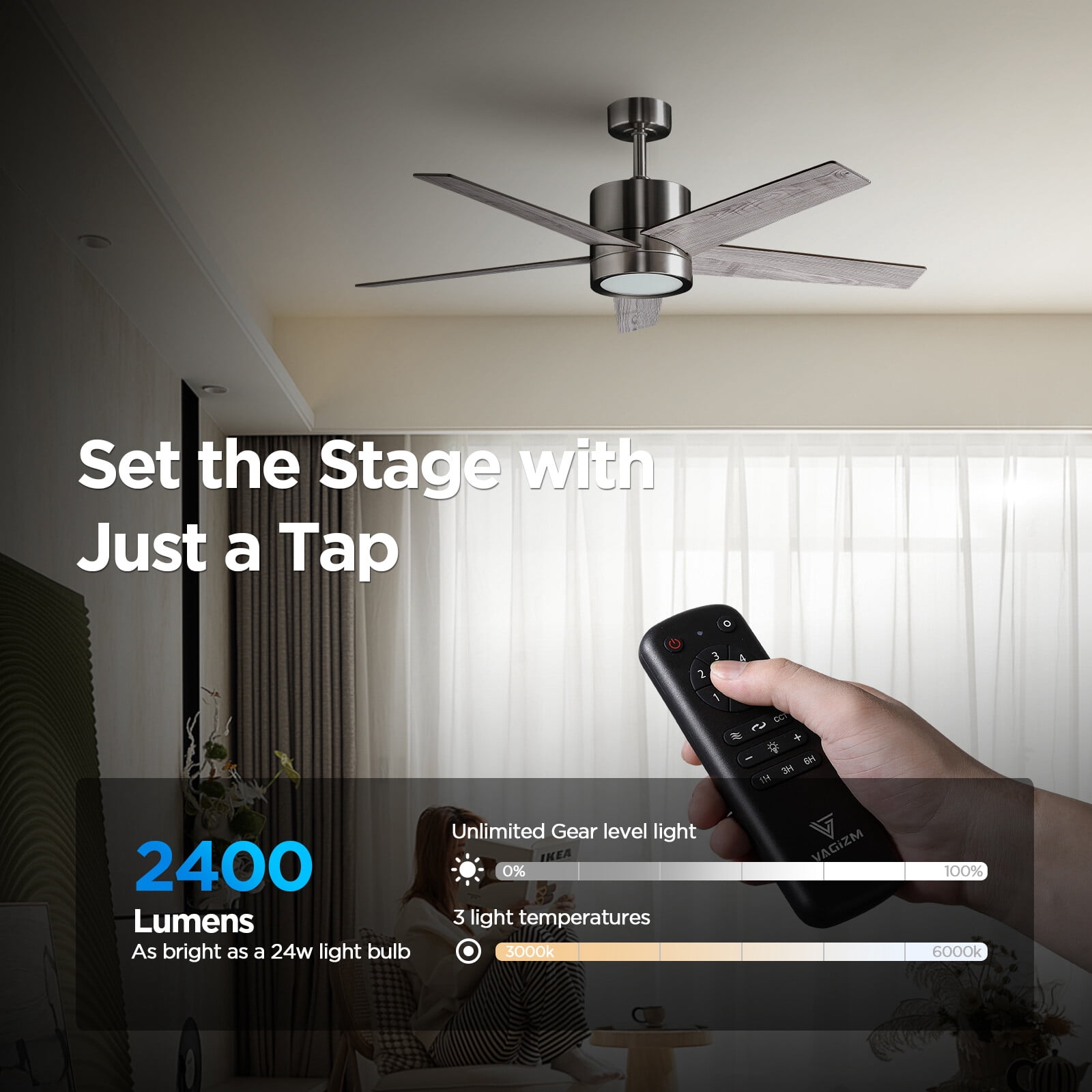 Vagizm 52-Inch Brushed Nickel Downrod Mount Modern Ceiling Fan with Light and Remote Control