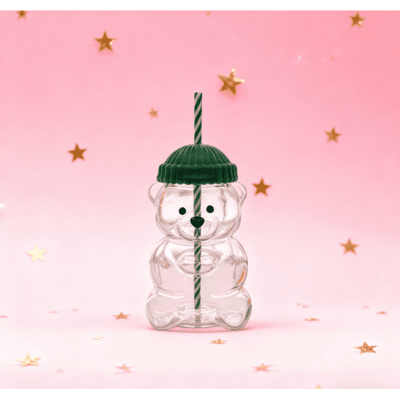Limited-Edition Bear Glass Tumbler, Transparent Body Green Beanie Design, Reusable Straw Cup Perfect for Iced Beverages & Collectors