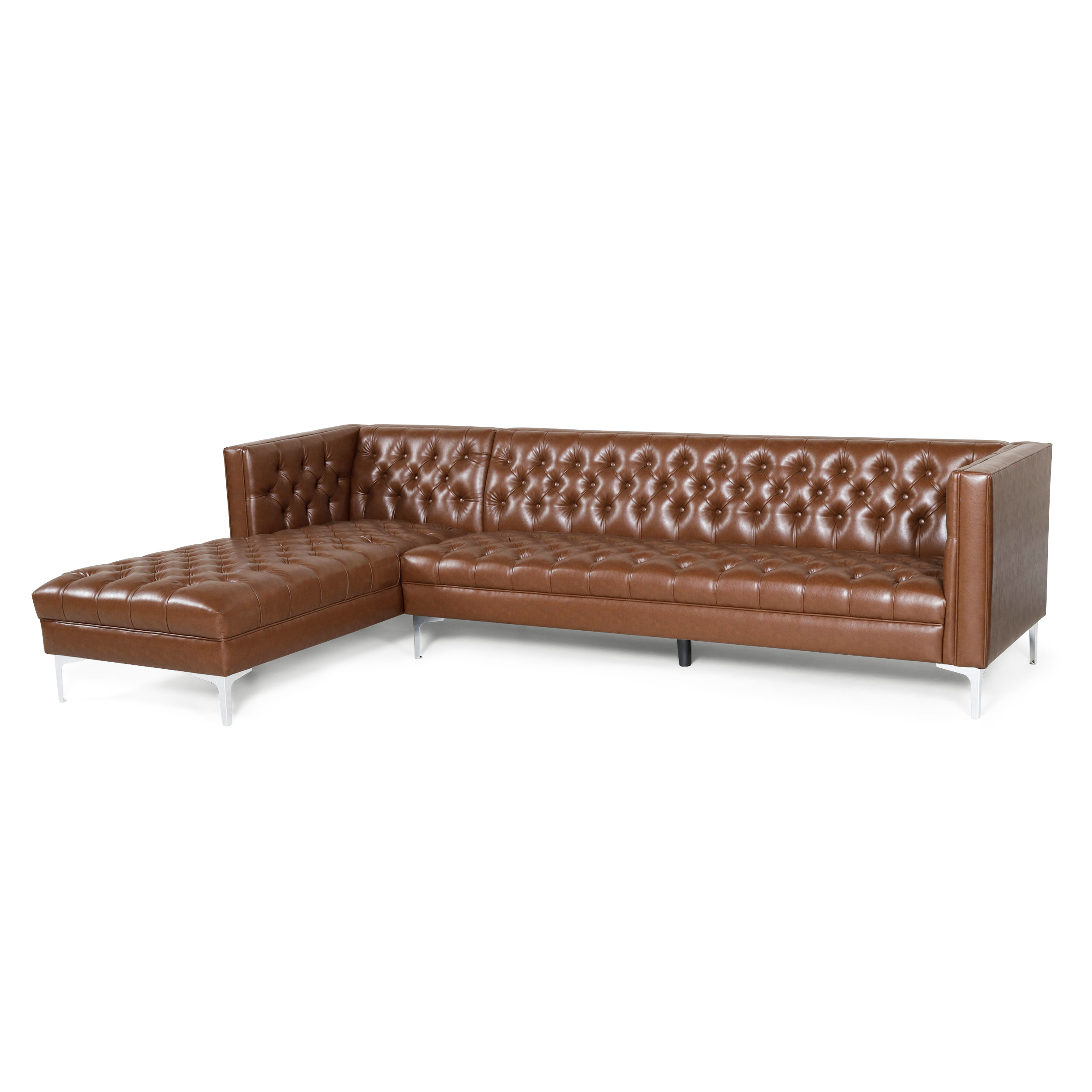 GDF Studio Bluffton 4 Seater Chaise Lounge Sofa, Cognac Brown Faux Leather & Silver