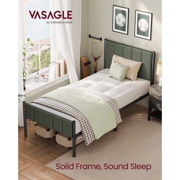 VASAGLE Twin Bed Frame with Upholstered Headboard, Metal Bed Frame Twin Size with Footboard, 550 lb Weight Capacity, Steel Slats, Easy Assembly, No Box Spring Needed, Forest Green