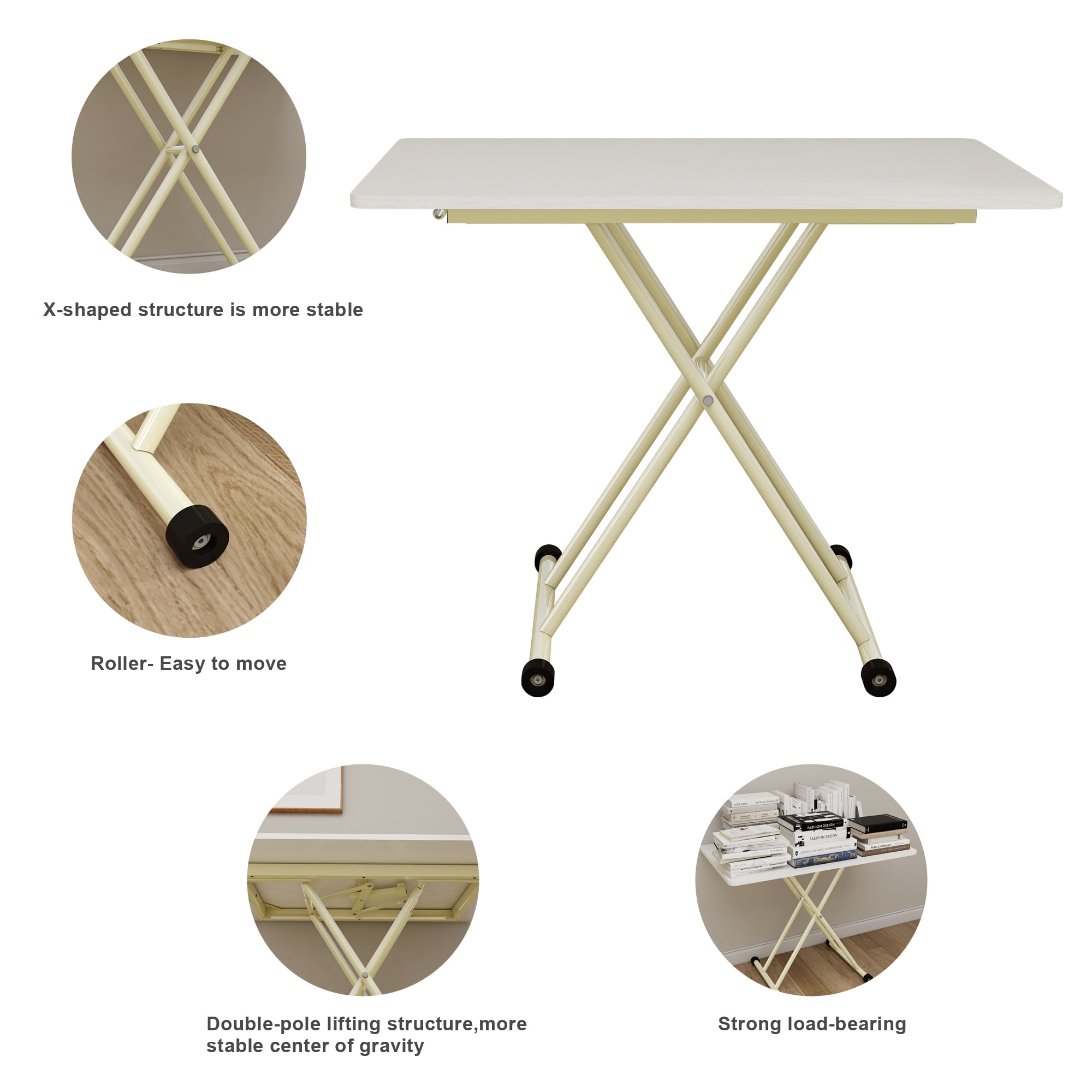 Adjustable Standing Table 39.37 Inch, Portable Folding Desk with Rolling Wheels, Height Adjustable Table for Indoor and Outdoor Use, No Assembly Required, White