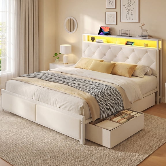 Fluest Queen Size Bed Frame, Upholstered Storage Headboard, 4 Fabric Drawers, Fast Charging Station, LED Lights, Beige, No Box Spring Needed, Easy Assembly