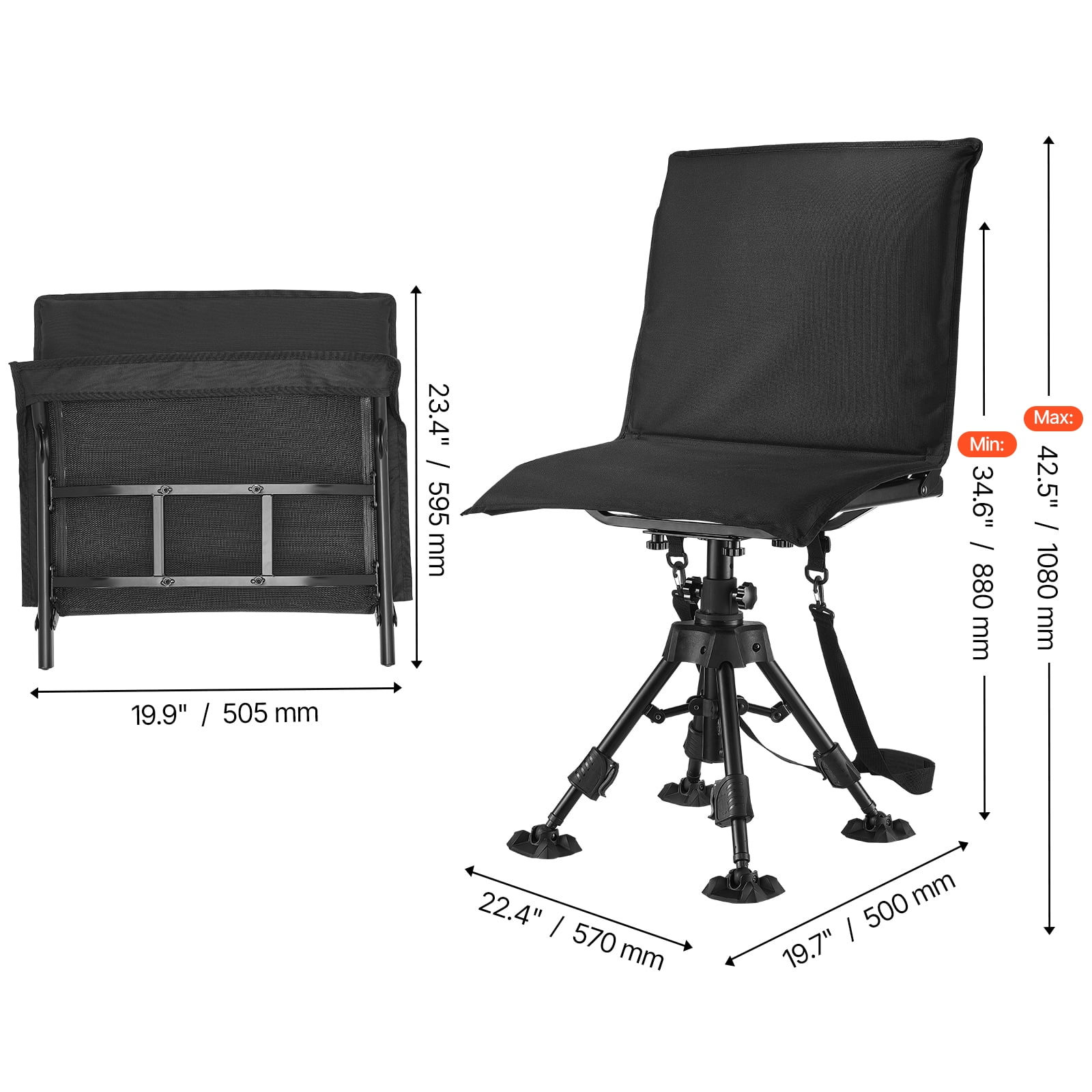 KFFKFF Hunting Chair with 360° Quiet Rotation, Foldable and Portable Blind Seat, Durable Steel Frame Ground Stool with Seat Cover, Stable Feet, Adjustable Height, 350 Lbs Weight Capacity