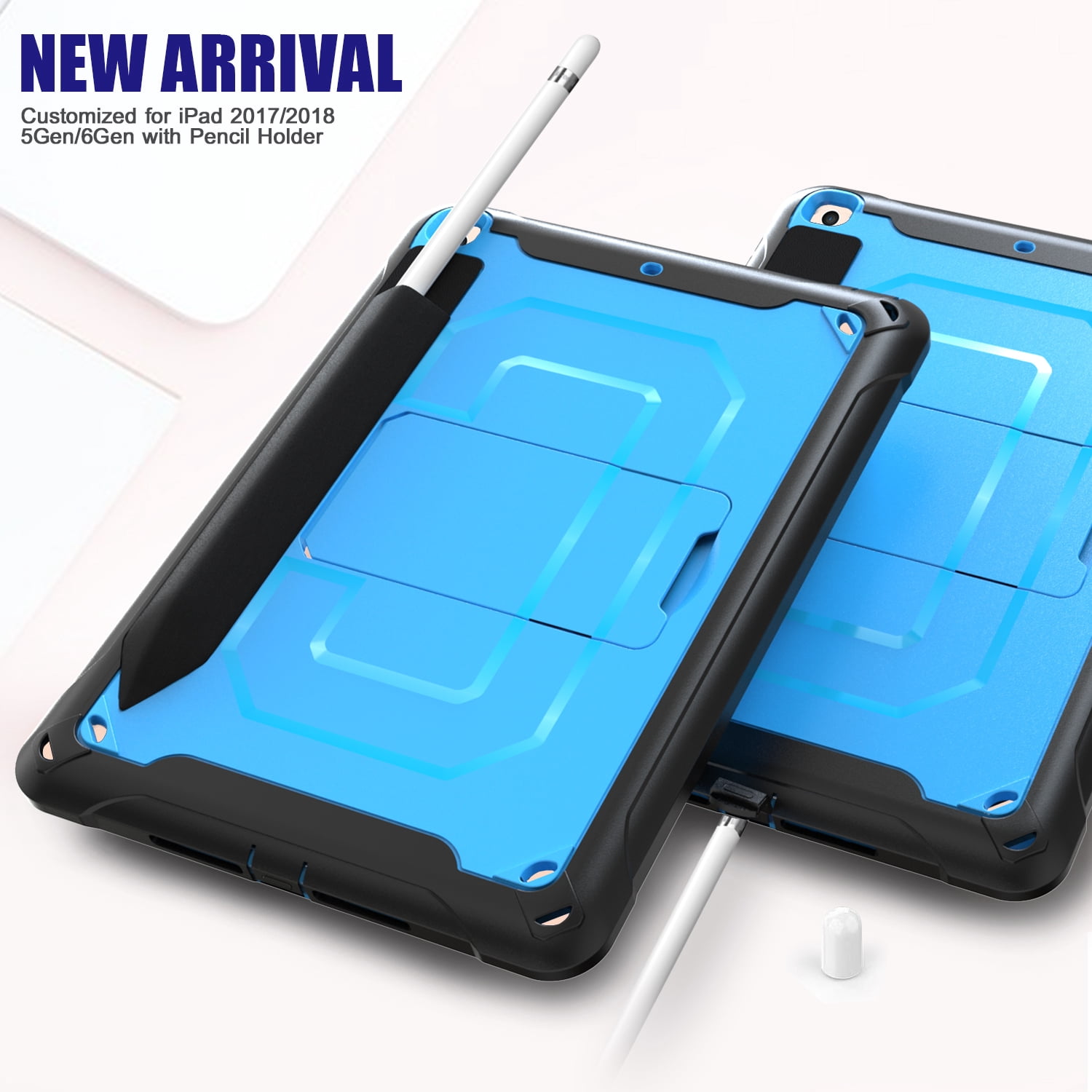 Allytech iPad Mini 5 Case, iPad Mini 4 Case, Dual Layers Full Protection Shockproof Pencil Holder Kids Friendly Shoulder Strap Kickstand Defender Case Cover for Apple iPad mini 5 / mini 4, Blue