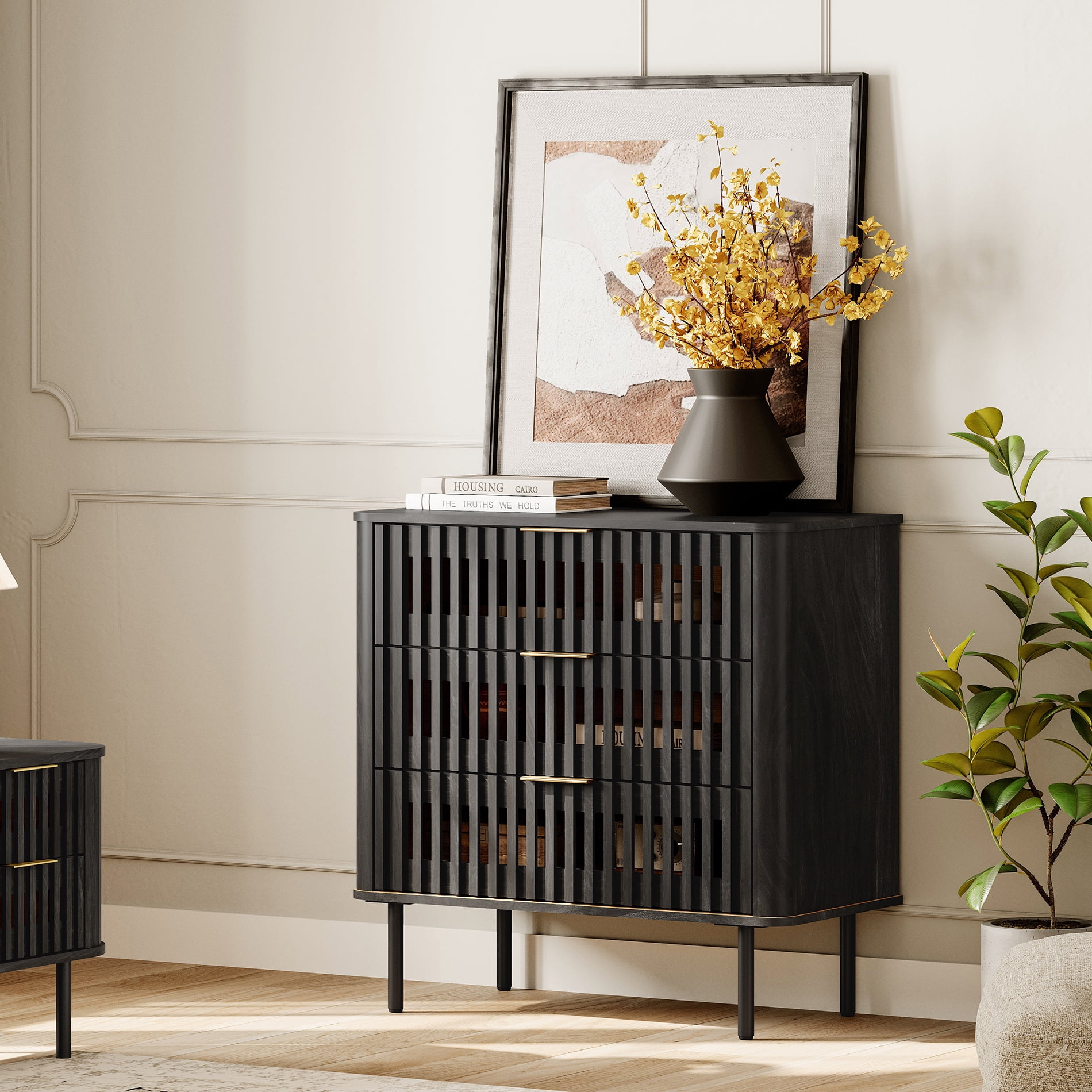 31.5"W Sideboard Buffet Cabinet with Storage, Fluted Kitchen Buffet Storage Cabinet with 3 Drawer, Large Coffee Bar Cabinet, Modern Buffet Table for Dining Living Room, Black