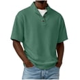 thumbnail image 3 of Yeaiivve Men Short Sleeve Henley Shirts Corduroy Slim Fit Basic Tee Classic Summer Mock Neck Button Placket Tee Shirts Green,S, 3 of 7