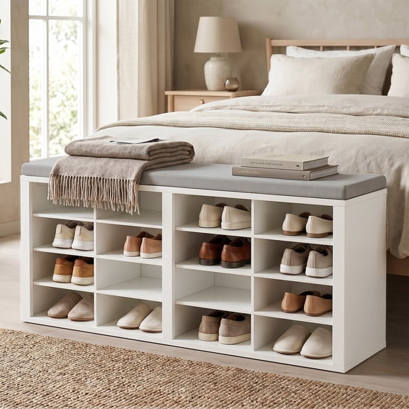 Shoe Storage Bench with Cushion 16 Cubby Shoe Rack Multifunctional Organizer Bench for Entryway Hallway Living Room Bedroom