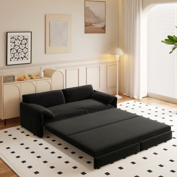 YYAo 66" Queen Pull Out Sofa Bed with Side Storage, 3-in-1 Convertible Sleeper Loveseat, Velvet Upholstered Couch for Studio Apartment, Living Room, Black