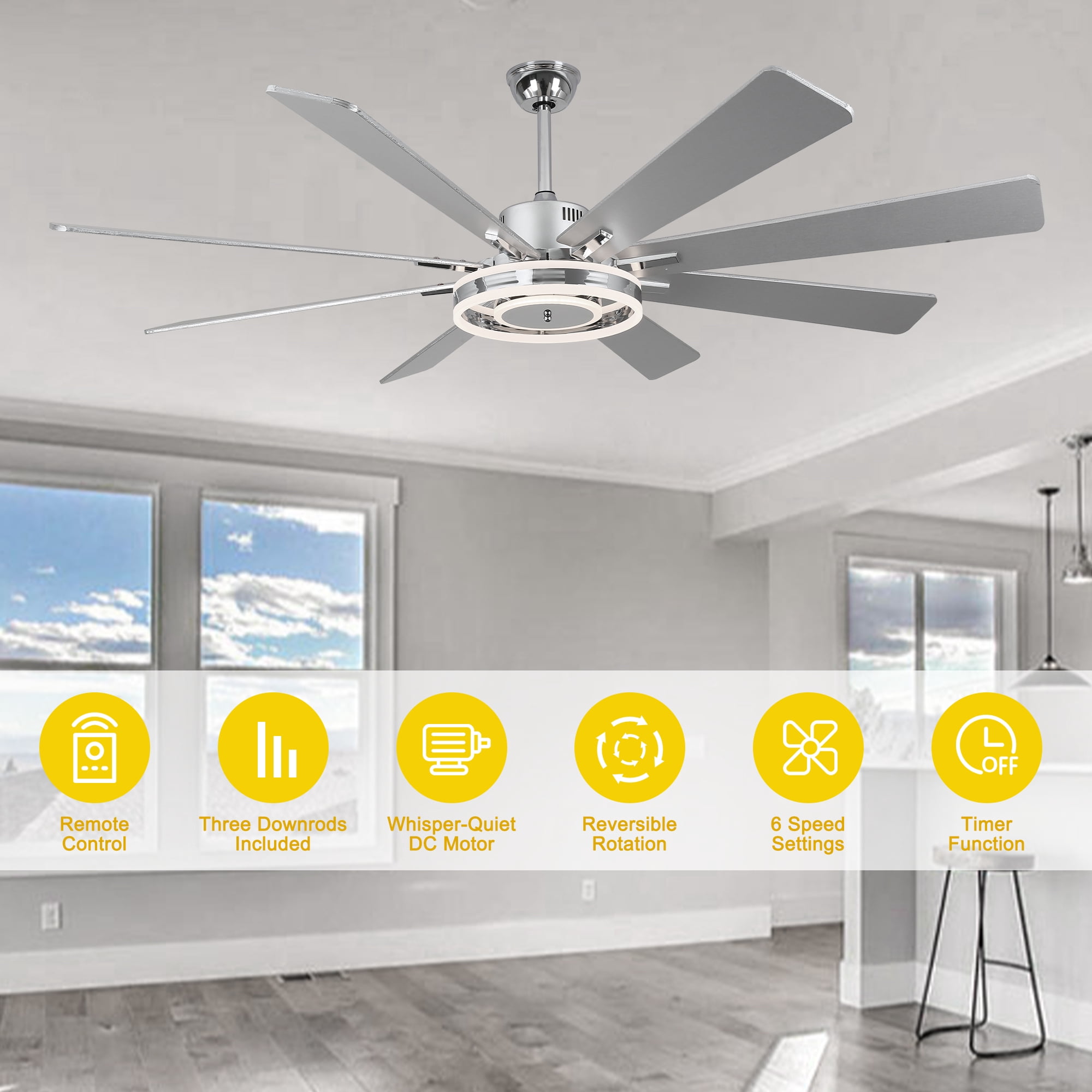 Chords Attic 72" Reversible 8-Blade Ceiling Fan with LED Lights, Remote 3-Color, 6-Speed and Timer