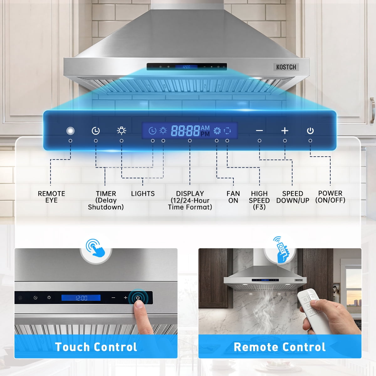 KOSTCH 36 inch Convertible Ducted Wall-Mount Range Hood, 600 CFM Kitchen Vent Hood with 3 Speed Exhaust Fan & LED Light, Kitchen Range Hood with Touchscreen Control Panel & Remote Control