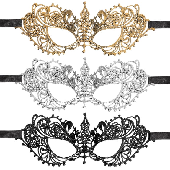 3 Pack Elegant Lace Masquerade Mask for Women, Hollow Out Eye Mask for Mardi Gras, Halloween, Prom and Party Costumes (Gold/Silver/Black)
