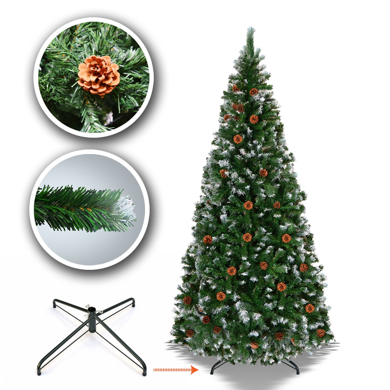Sunrise Artificial 7\' Snow Tipped Christmas Tree with Pine Cones and Steel Stand -Unlit (7\' with 1003 Tips and 39 pinecones)