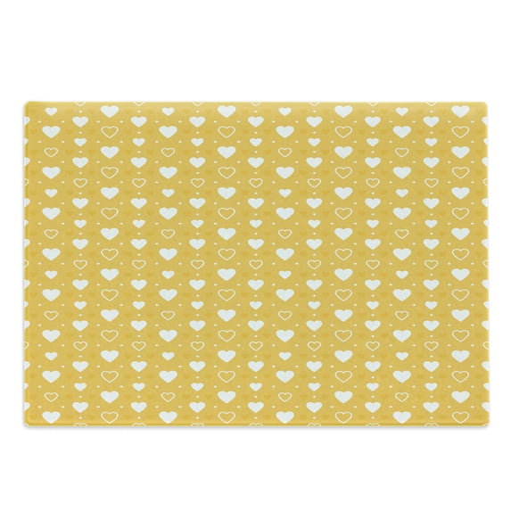 Yellow Cutting Board, Full and Empty Heart Shapes with Little Dots and Tiny Hearts Pattern, Decorative Tempered Glass Cutting and Serving Board, Large Size, Yellow White, by Ambesonne