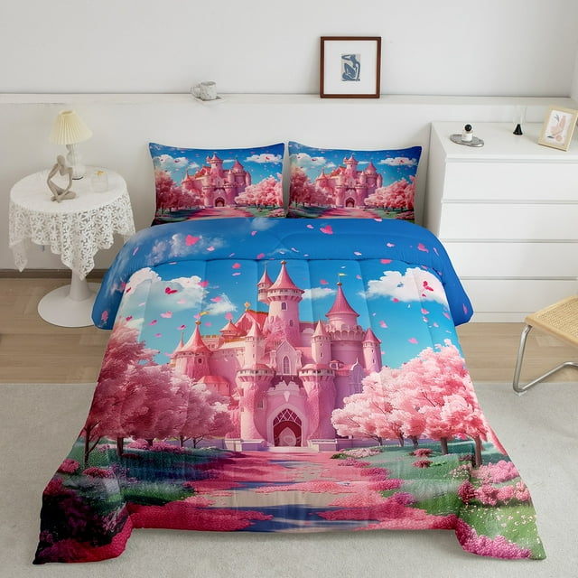 Erosebridal Ensembles de Literie Fleurs de Cerisier Roses Simple avec Couette, Insert de Couette Château de Fée, Décor Mignon de Dessin Animé, 2 Pcs