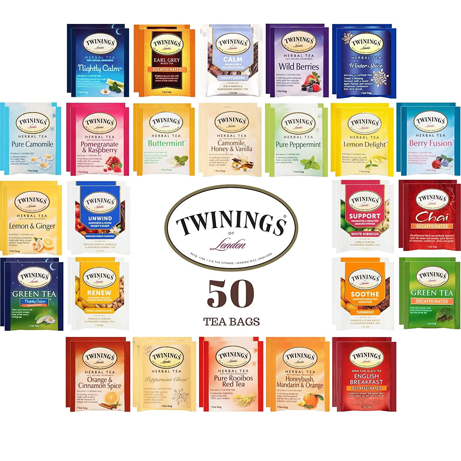 Twinings Herbal and Decaf Tea Bag Assortment - 50 Count, 25 Flavors