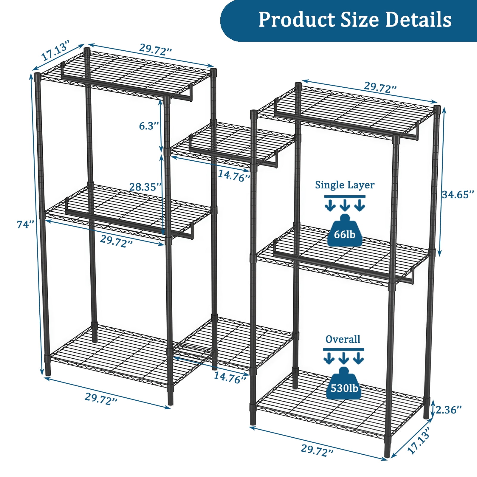 Miniyam Heavy Duty Garment Rack with Adjustable Shelves and Hanging Rods, Freestanding Closet Organizer