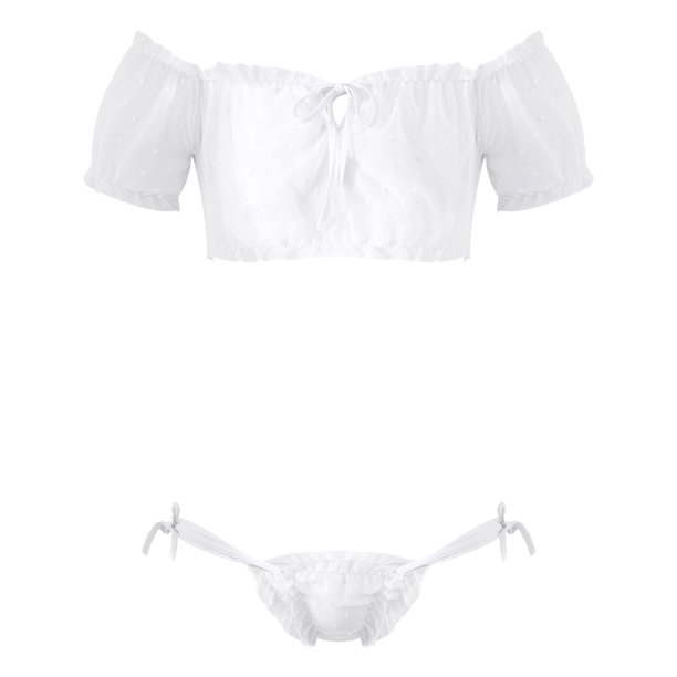 Men Male Chiffon Lingerie Exotic Sets Sissy Nightwear Sheer Mesh Off Shoulder Ruffled Crop Tops with Briefs Thongs ClubwearXL Gong Bohan LED