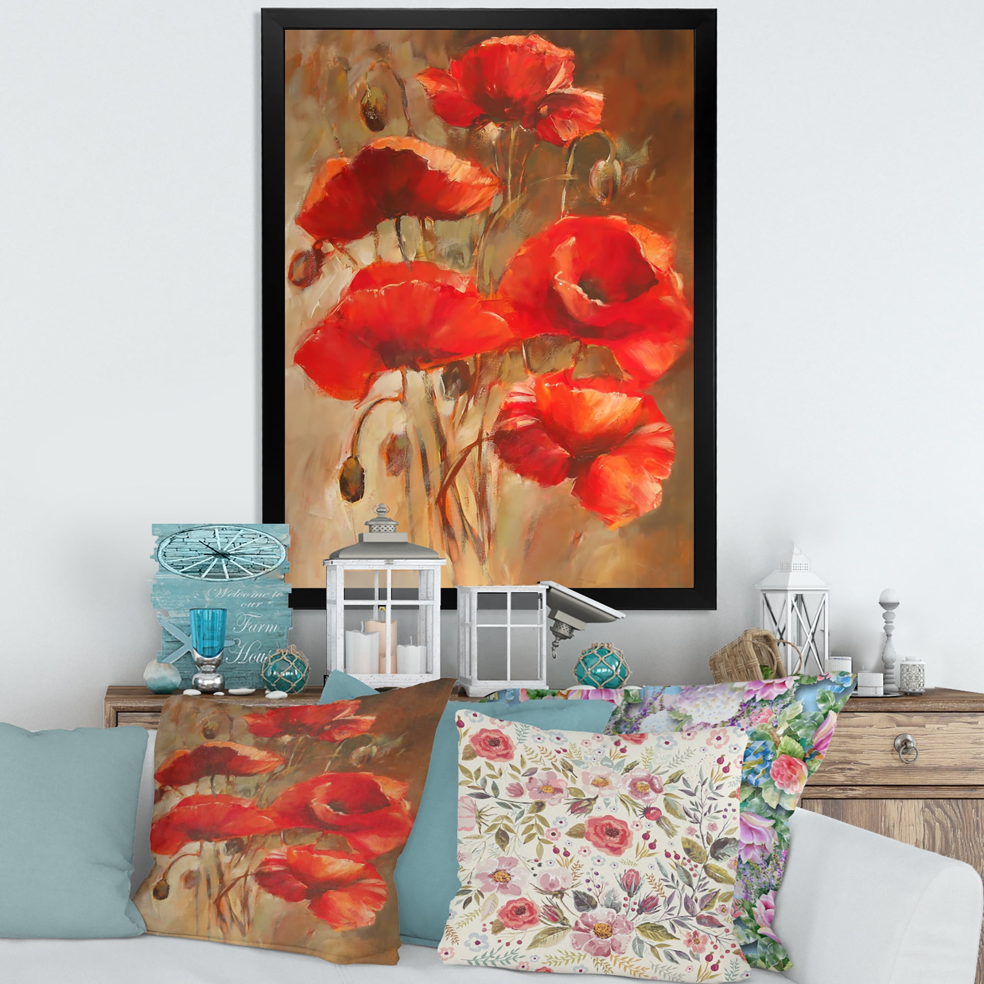 Designart 'Red Blossoming Poppies Over Wild Brown II' Traditional Framed Art Print