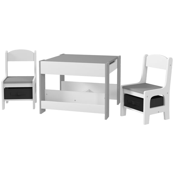 Homiyad 3pc Kids Table and Chair Set with Reversible Tabletop Blackboard, Storage & Bookshelves, Gray