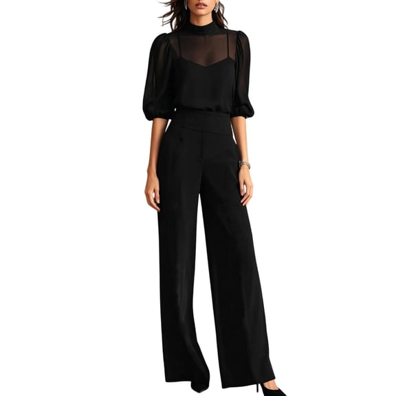 Guluxicc 3 Piece Women's Outfit Sets Mock Neck Puff Sheer Mesh Top with inner Cami and High Waist Wide Leg Pants Matching Sets for Business Casual Wear