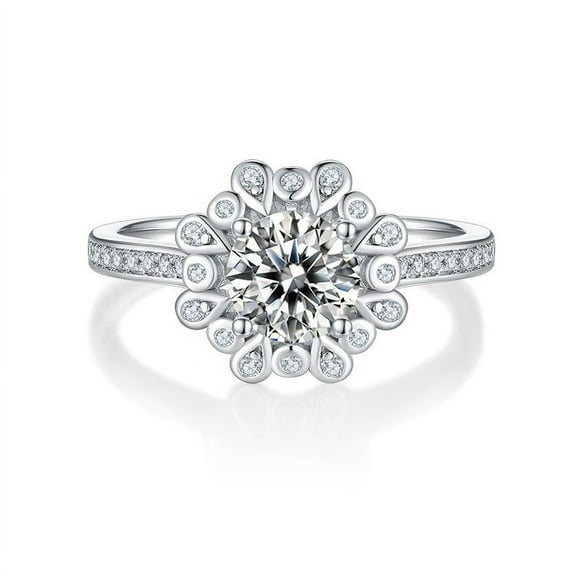 1 Carat Round Cut Moissanite Engagement Ring - Diamond Pave Halo Ring - Cluster Ring - Handmade Ring - 18K White Gold over Silver