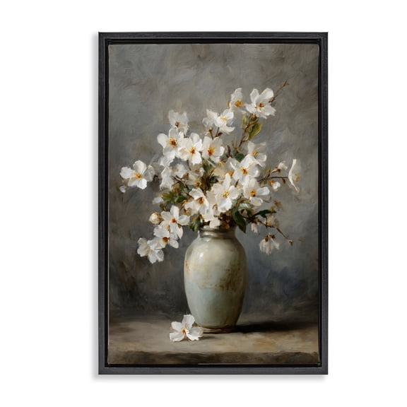 Stupell Industries French Country Full White Flowers in Vase Black Floating Frame Canvas Art, 17 x 25, by Petals Prints Design