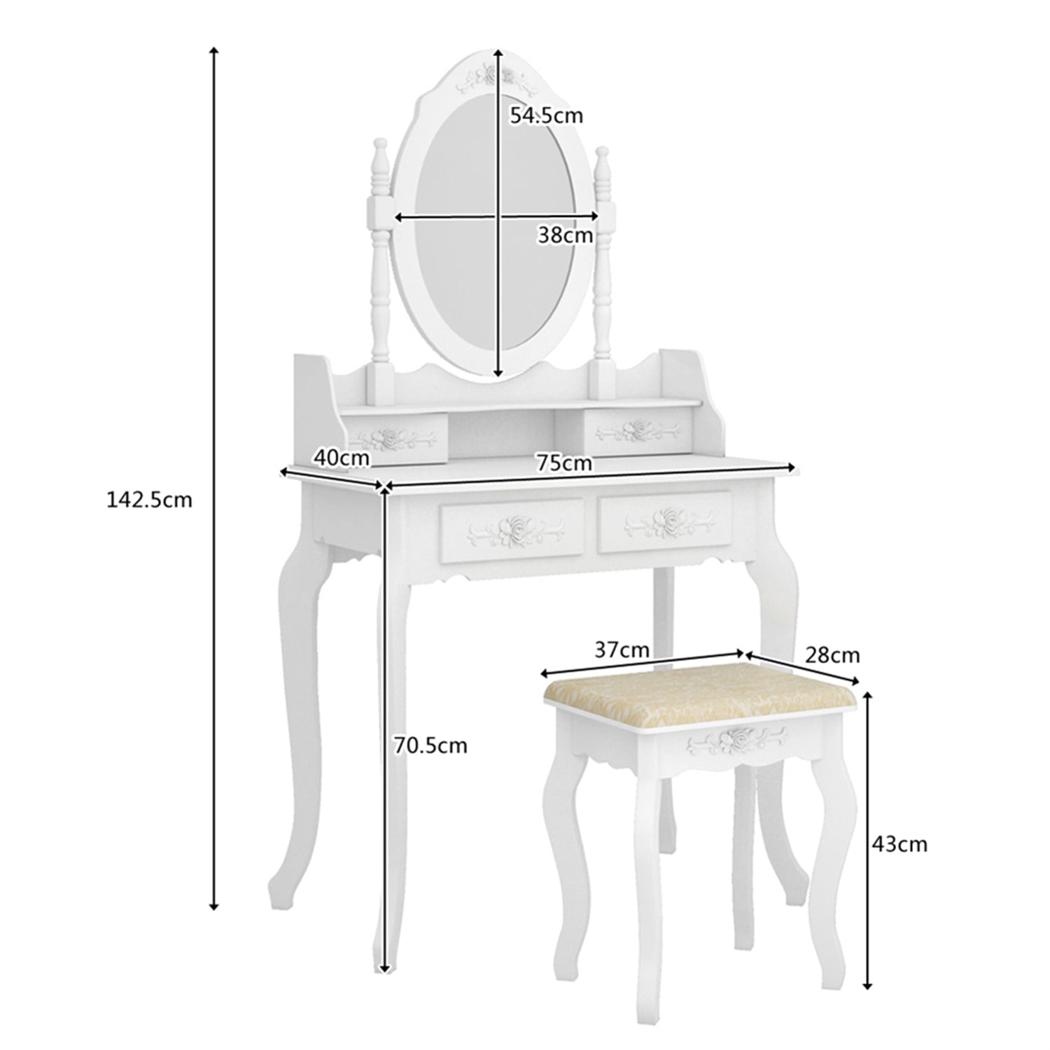 Kadyn Modern Concise 4-Drawer 360-Degree Rotation Removable Mirror Dresser, Vanity Table Set, Makeup Vanity Desk for Bedroom, White