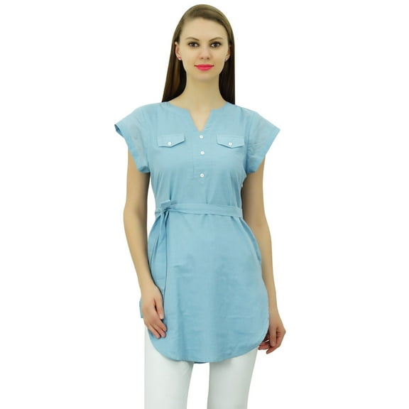 Bimba Indian Tunic Cotton Top soild Short Sleeve Blouse Casual Summer Clothing